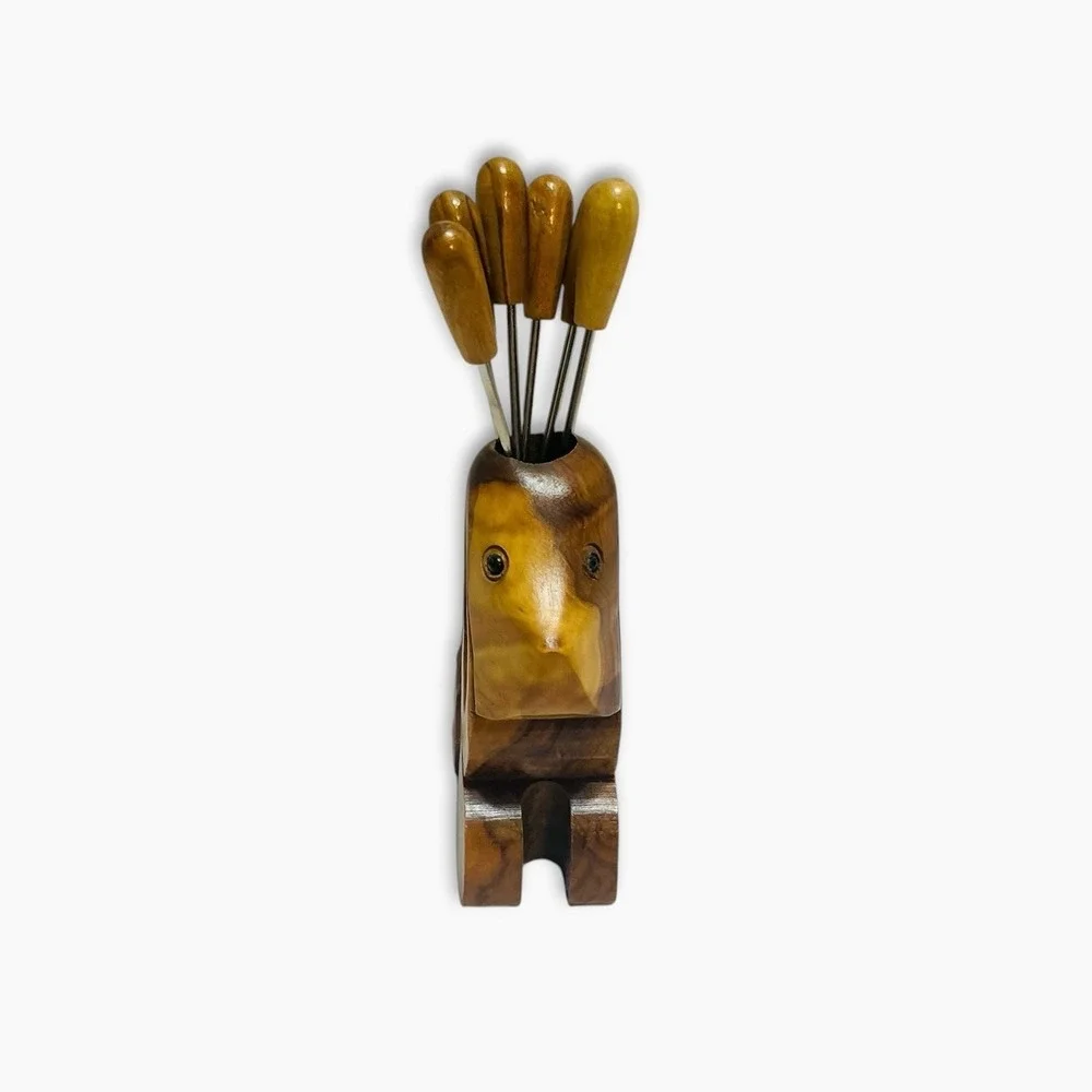 Vintage Wood Dog Bunny Hors D'oeuvres Olive Cocktail Picks Holder Forks Barware